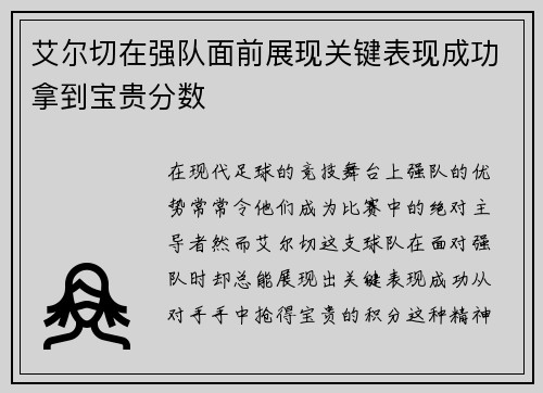 艾尔切在强队面前展现关键表现成功拿到宝贵分数