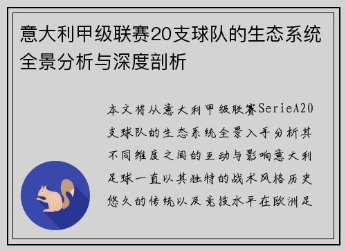 意大利甲级联赛20支球队的生态系统全景分析与深度剖析